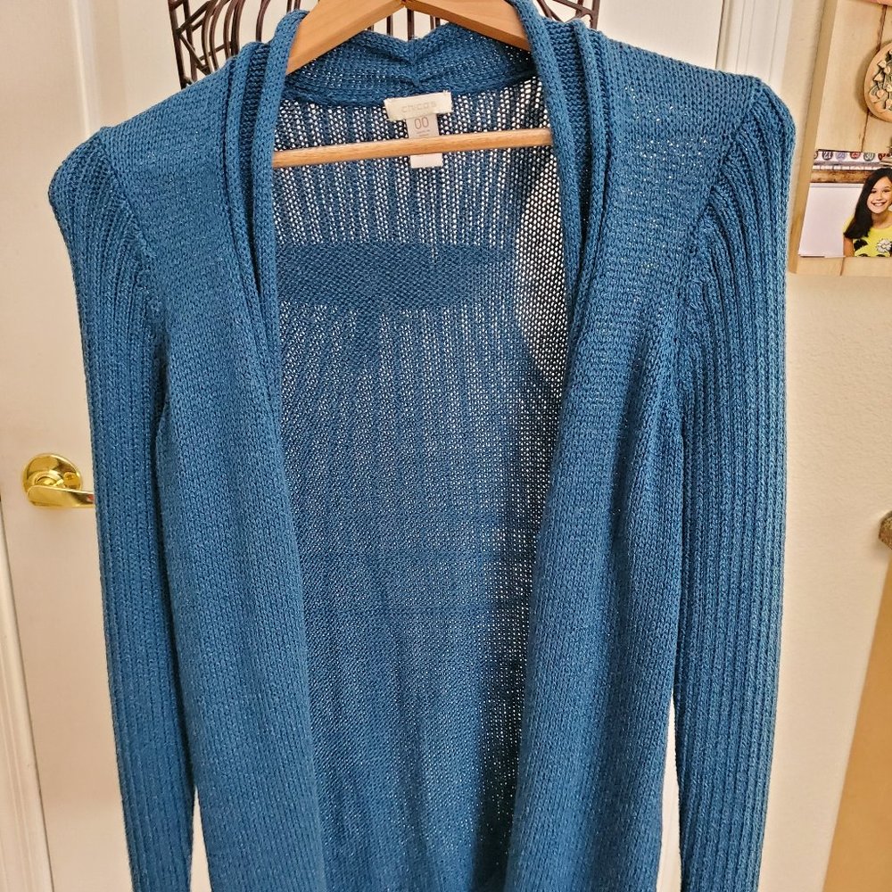 Chico's Women's Teal Knit Sweater - Size 00 - Long Sleeve - Open Cardigan